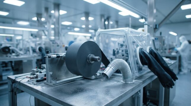 Battery manufacturing line with coated electrode roll, glovebox and extractor hose on steel bench inside a sterile cleanroom