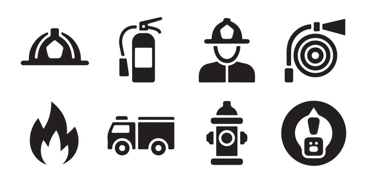 Black firefighter helmet and fire rescue equipment icons on checkered background for safety.