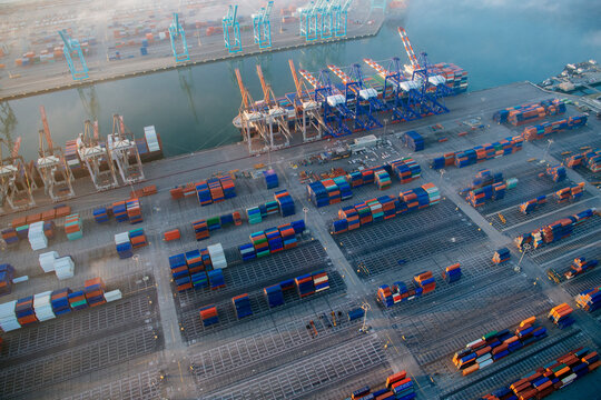 Aerial view of a shipping container cargo terminal