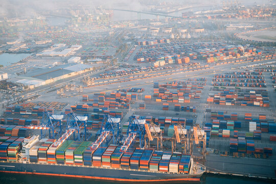 Container ship loaded with cargo containers at the port in long beach