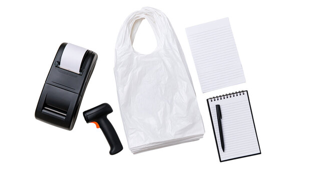Grocery store equipment set with plastic bag and receipt printer isolated on transparent background PNG element