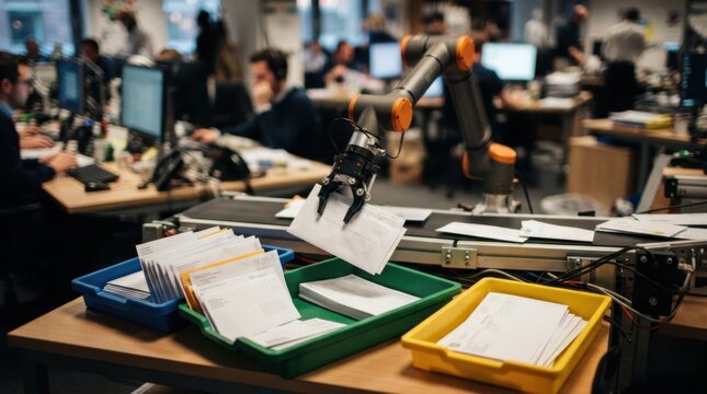 Compact robotic arm sorting envelopes statements and remittance slips into color coded trays in a finance workspace