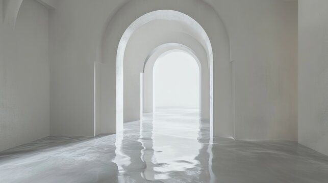 White Archway Corridor with Flooded Reflective Floor Leading to Bright Exterior Arch