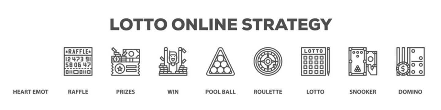 Lotto Online Strategy with icon of Heart Emot, Raffle, Prizes, Win, Pool ball, Roulette, Lotto, Snooker, Domino