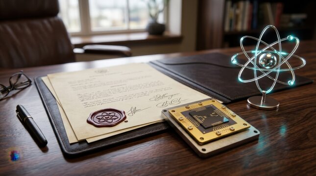 Signed quantum technology policy folder with superconducting chip, legal seal, and atomic model on desk