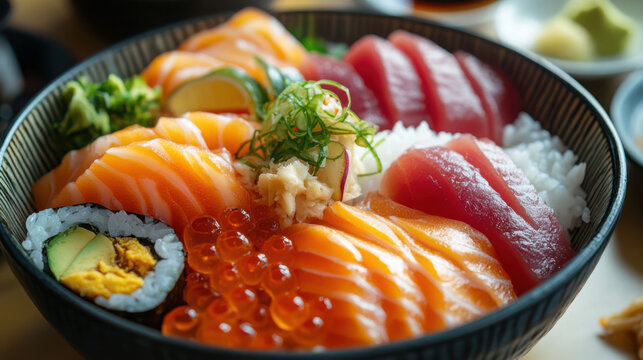 Chirashi don bowl filled with fresh salmon, tuna sashimi, and bright orange ikura sits on a wooden table.