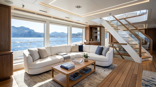 Modern luxury yacht interior with comfortable white sofa and staircase overlooking the blue ocean through large windows