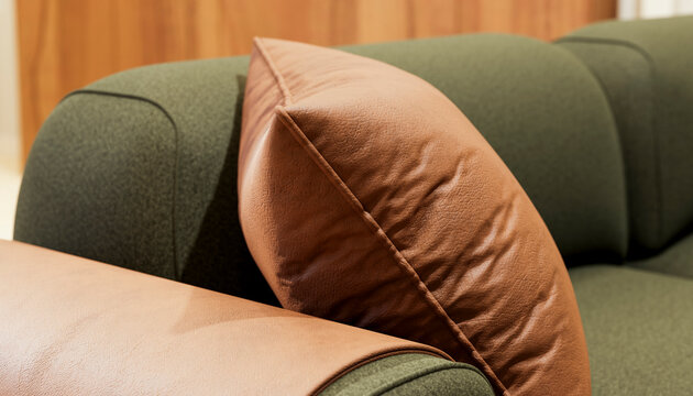Brown leather pillow on green fabric sofa armrest indoors
