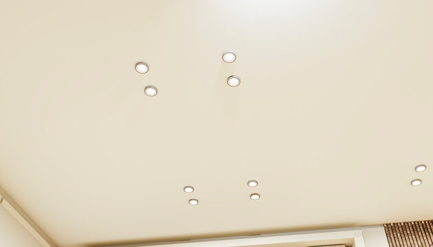 Modern ceiling with recessed downlights in minimalist interior