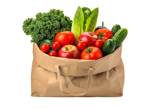 Fresh vegetables and fruits in a brown paper bag from the grocery store