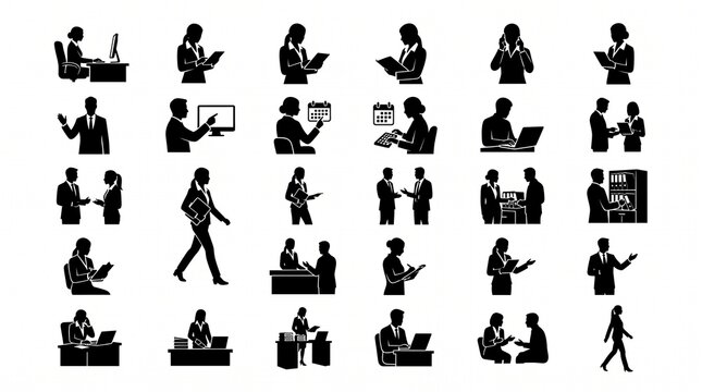 Set of black office worker silhouettes featuring various business activities and professional tasks business people working people silhouette set corporate life business meeting desk work