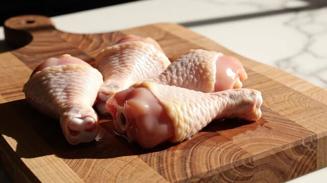 Raw chicken drumsticks arranged on a wooden cutting board for cooking preparation in bright daylight
