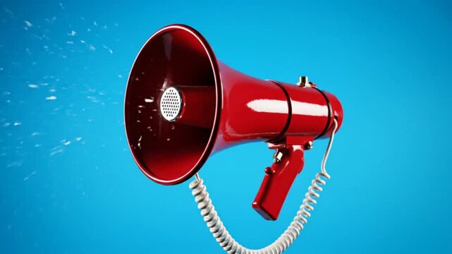 Red megaphone with water splash against a vibrant blue background, audio speaker sound