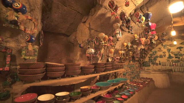 Shelves packed with handmade ceramics fill a cave shop interior with warm artisan character.