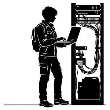 Technician silhouette working on server rack using laptop in modern data center room.