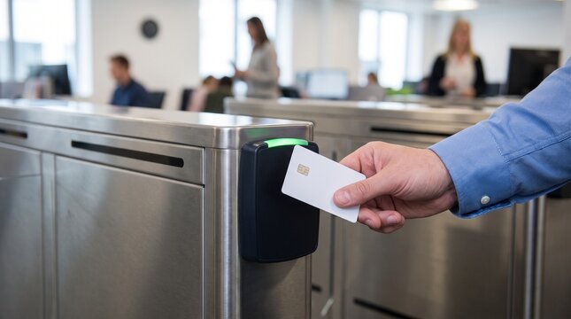 Man holding access card near turnstile reader at modern office entrance. Employee passing through security turnstile in corporate building lobby.