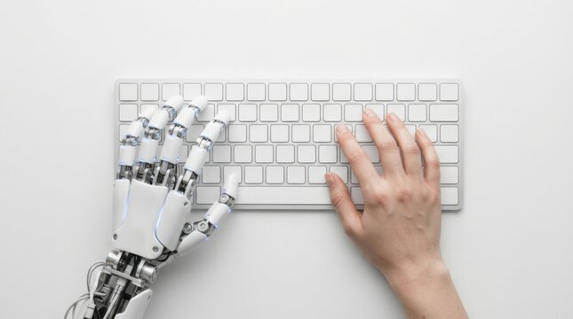 A human hand and a robotic hand typing on a white keyboard isolated on white background