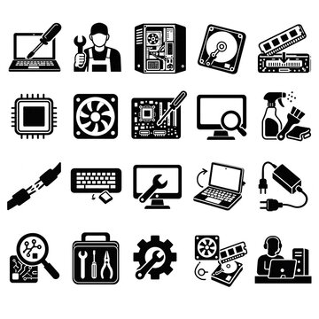 Set of flat black computer hardware repair and maintenance service icons with it service technical support laptop repair computer diagnostics pc maintenance tech tools system troubleshoot