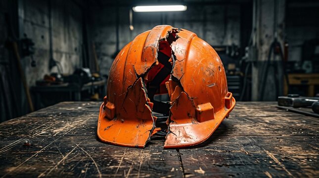Bright orange industrial construction hard hat with a massive jagged crack splitting it down the center on a dark scratched wooden surface.