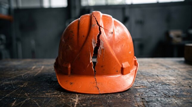 Bright orange industrial construction hard hat with a massive jagged crack splitting it down the center on a dark scratched wooden surface.
