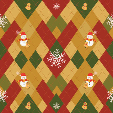 Vector Festive Christmas Argyle Pattern with Cute Snowmen, Gingerbread Men and Snowflakes in red, gold, dark green background