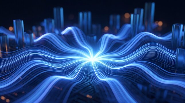 Futuristic Digital Data Stream Radiating Across Smart City Network