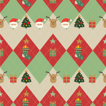 Vector Seamless Christmas Argyle Pattern with Santa Claus, Reindeer, Christmas Trees, Gifts and Stockings