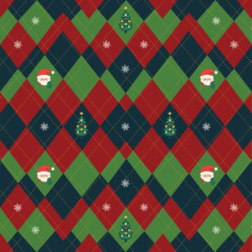  Vector festive seamless Christmas argyle pattern featuring classic red, green, navy diamond plaid with cute Santa Claus faces, Christmas trees, delicate snowflakes