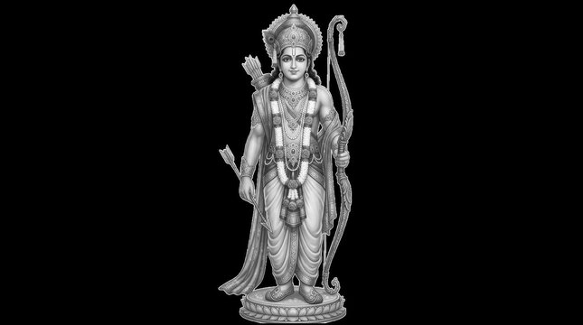 Lord rama standing with a bow and arrow in a traditional pose illustration