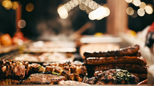 Street Food Being Grilled As A Woman Stirs Food In The Background