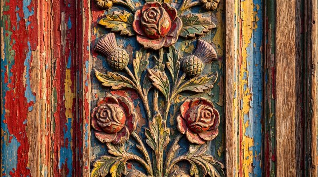 Carved Wooden Floral Relief with Peeling Colorful Paint
