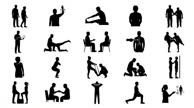 Black silhouette icon set showing people in various exercise fitness and professional consultation poses with coaching session workout icons human silhouettes physical training business mee