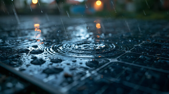 Raindrops Falling on Solar Panel Surface During Storm