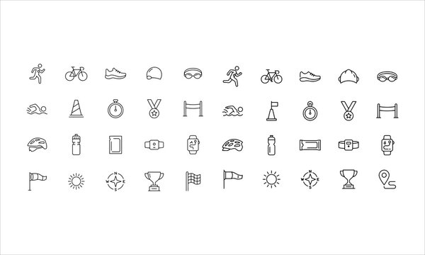 Set outline icons related to triathlon. Linear icon collection. Editable stroke. Vector illustration