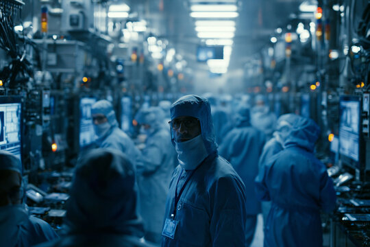 Engineers Working in Semiconductor Cleanroom Manufacturing Facility