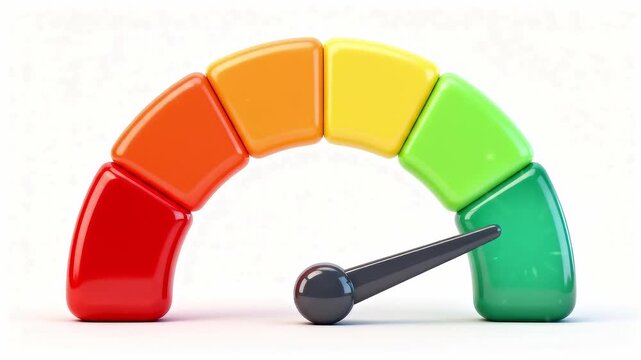 3D animated speedometer meter with glossy color-coded blocks from red to green, featuring a smooth-moving needle pointer indicating satisfaction, performance, and quality rating levels.