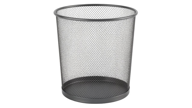 Dark gray metal mesh waste bin with solid base, isolated on transparent background