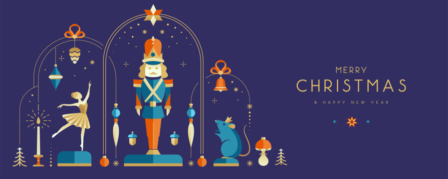 Modern Christmas poster, banner or holiday greeting card with nutcracker, ballerina, mouse king, Christmas tree and baubles. Flat design. Vector illustration