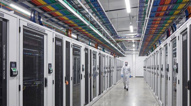 Technician in hazmat suit walks through a secure server room. Rows of data racks are labeled Medical Records - Confidential.