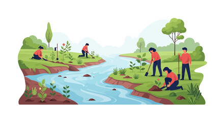 Fototapeta premium People Planting Trees Along Riverbank, Reforestation, Environmental Care