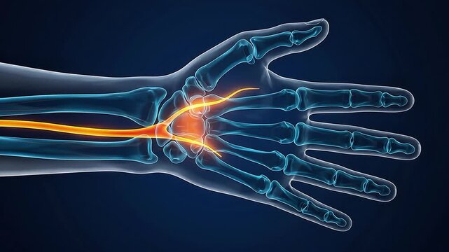 3D medical animation illustrating carpal tunnel syndrome with highlighted inflammation of the median nerve in the wrist and hand bones