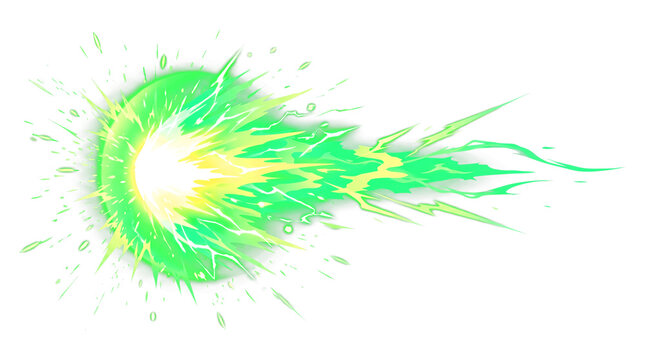 Vibrant green energy explosion vector with white core and neon splash, isolated on transparent background for game design, comic art, and digital media