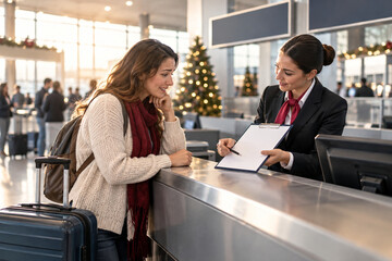 Fototapeta premium Travel Check-in: A friendly airline attendant assists a traveler with her check-in at the airport counter, with a festive Christmas tree visible in the background.