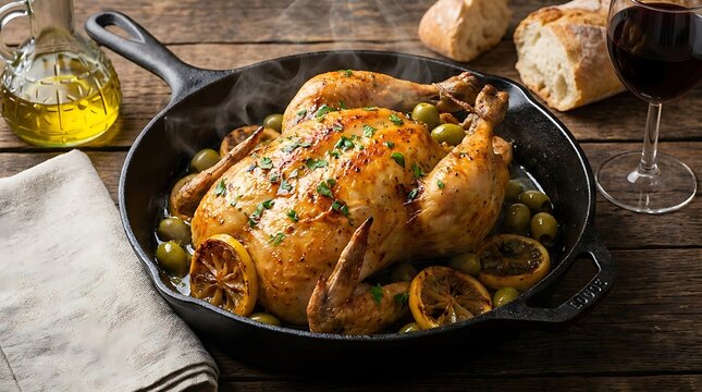 Roasted whole chicken with lemon and herbs in a black cast iron skillet on a rustic dark wooden table