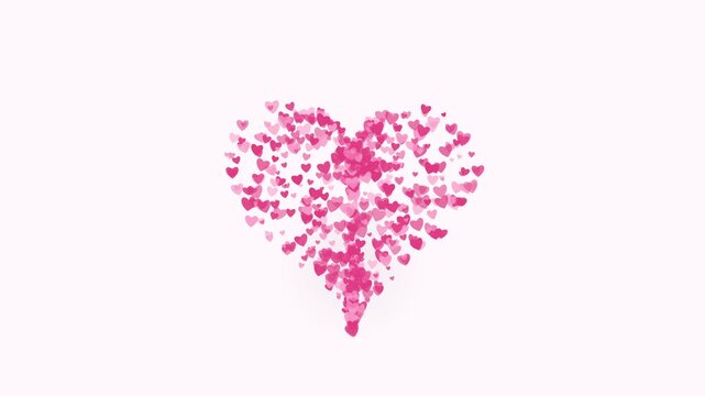 A romantic animation loop of small pink hearts floating on a white background. They gather in the center to form a large heart shape before dispersing.
