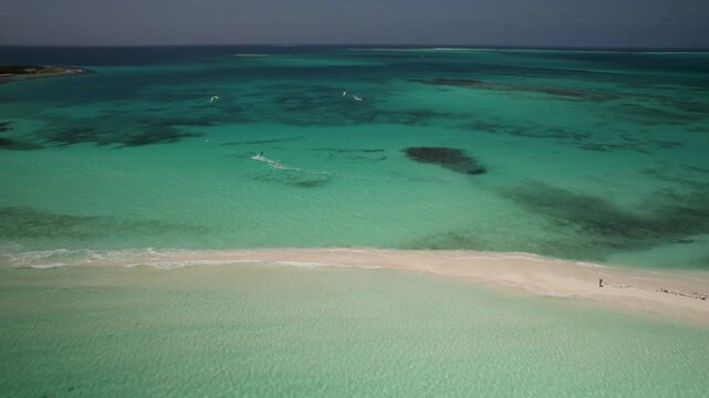 Aerial view of kiteboarding in Los Roques archipelago, Venezuela.