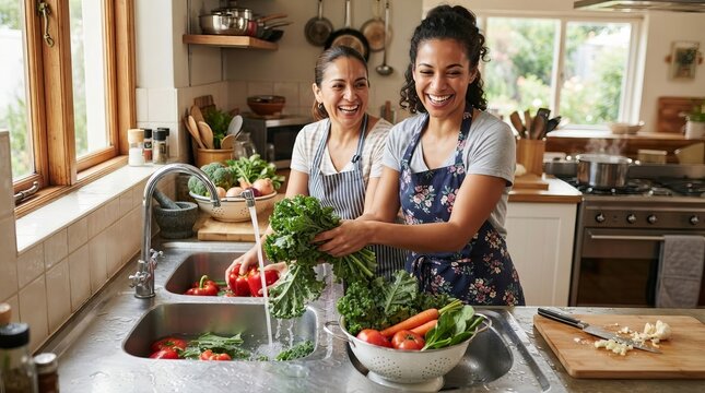 Two Happy Diverse Girls Spending Time Culinary Activity Washing Fresh Vegetables In The Kitchen