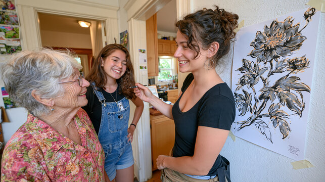 An elderly grandmother and teenage grandchild stand in a modest kitchen doorway watching a wall artist sketch a bold botanical outline in charcoal, intergenerational creative moment, home mural comm