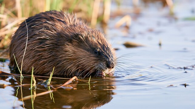 Wet brown muskrat foraging by the water edge