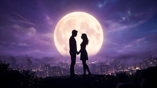 Romantic Couple Silhouette Facing Each Other Under Full Moon